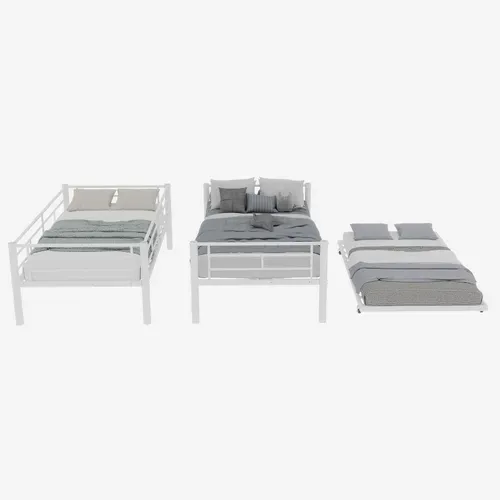 Lit Superposé 90x190 Cm, Lit Gigogne Convertible, 3 Couchages, Barrières De Sécurité, Fer, Blanche