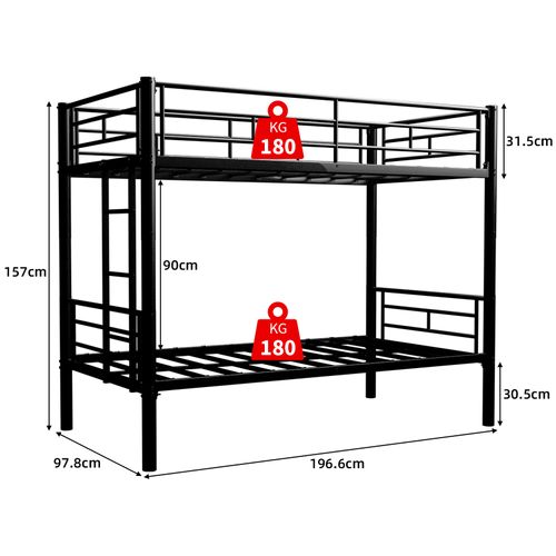 Lit Superposé 90x190cm, Convertible En 2 Lits, Structure En Métal, Barrières De Sécurité, Noir