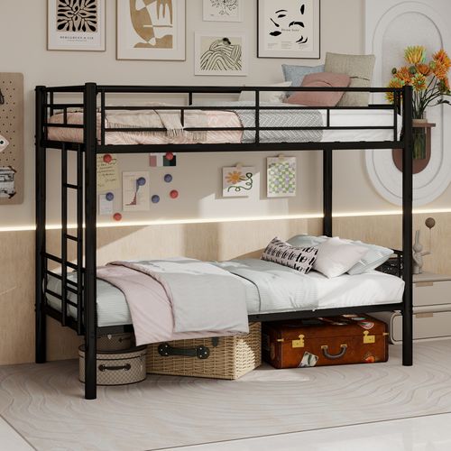 Lit Superposé 90x190cm, Convertible En 2 Lits, Structure En Métal, Barrières De Sécurité, Noir