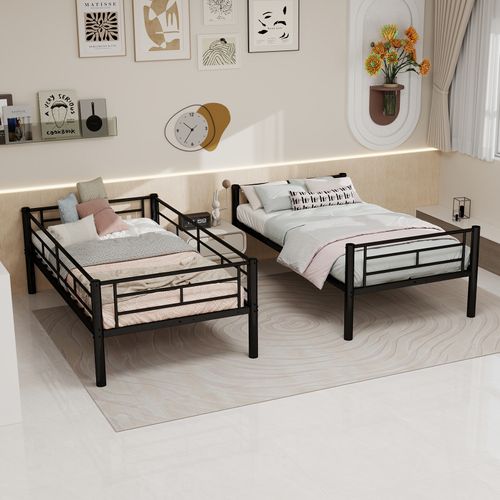 Lit Superposé 90x190cm, Convertible En 2 Lits, Structure En Métal, Barrières De Sécurité, Noir