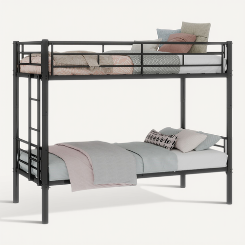 Lit Superposé 90x190cm, Convertible En 2 Lits, Structure En Métal, Barrières De Sécurité, Noir