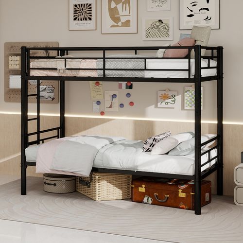 Lit Superposé 90x190cm, Convertible En 2 Lits, Structure En Métal, Barrières De Sécurité, Noir