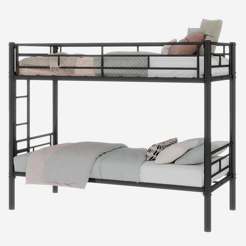 Lit Superposé 90x190cm, Convertible En 2 Lits, Structure En Métal, Barrières De Sécurité, Noir