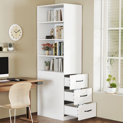 Bibliothèque Haute 60x38x180 Cm, 3 Tiroirs Latéraux, 4 Niches, Panneaux De Particules, Blanc