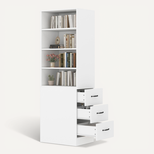Bibliothèque Haute 60x38x180 Cm, 3 Tiroirs Latéraux, 4 Niches, Panneaux De Particules, Blanc