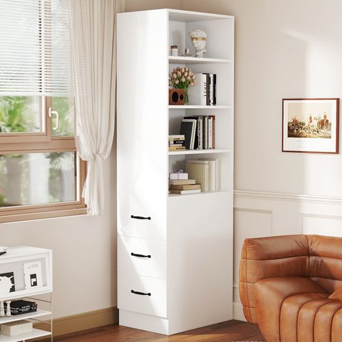 Bibliothèque Haute 60x38x180 Cm, 3 Tiroirs Latéraux, 4 Niches, Panneaux De Particules, Blanc