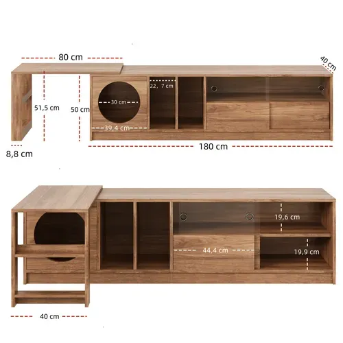 Meuble TV 180x40x51.5 Cm, Modulable Pivotant Extensible, Mdf Et Verre Trempé, Couleur Brun