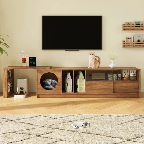 Meuble TV 180x40x51.5 Cm, Modulable Pivotant Extensible, Mdf Et Verre Trempé, Couleur Brun
