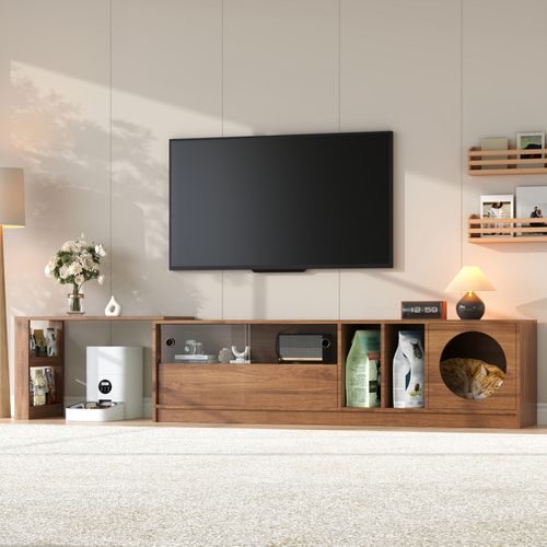 Meuble TV 180x40x51.5 Cm, Modulable Pivotant Extensible, Mdf Et Verre Trempé, Couleur Brun