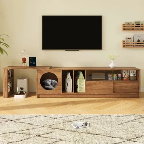 Meuble TV 180x40x51.5 Cm, Modulable Pivotant Extensible, Mdf Et Verre Trempé, Couleur Brun