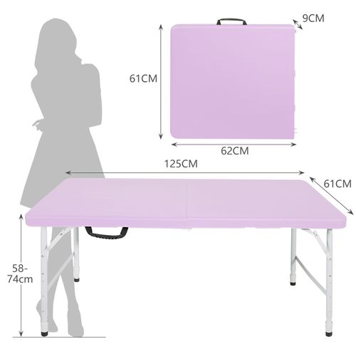 Table Pliante 125x61 Cm, Hauteur Réglable, Avec Poignée, Acier Et Plastique, Couleur Violet