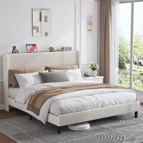 Lit Double 180x200 Cm, Structure Métal Robuste 363 Kg, Velours Côtelé, Couleur Beige