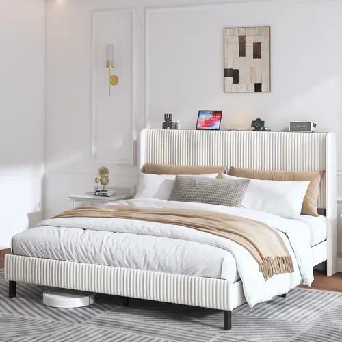 Lit Double 180x200 Cm, Structure Métal Robuste 363 Kg, Velours Côtelé, Couleur Beige