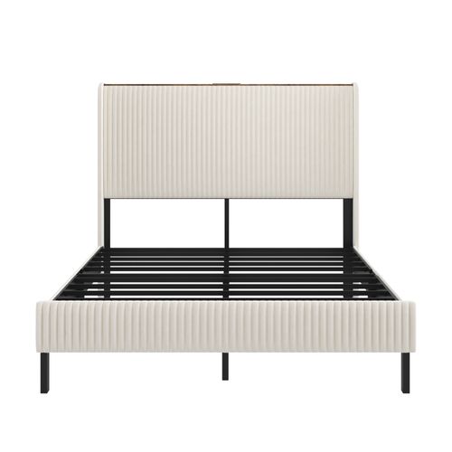 Lit Double 180x200 Cm, Structure Métal Robuste 363 Kg, Velours Côtelé, Couleur Beige