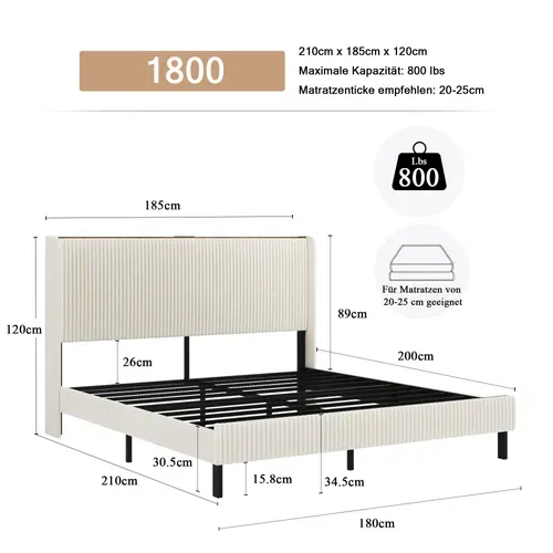 Lit Double 180x200 Cm, Structure Métal Robuste 363 Kg, Velours Côtelé, Couleur Beige