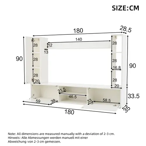 Ensemble Meuble TV 180x35x123,5 Cm, 4 Éléments Rangement, 5 Niches, Panneau De Particules, Blanc