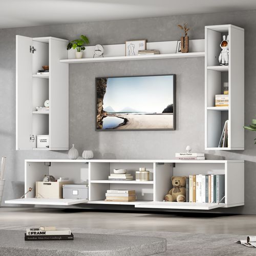 Ensemble Meuble TV 180x35x123,5 Cm, 4 Éléments Rangement, 5 Niches, Panneau De Particules, Blanc