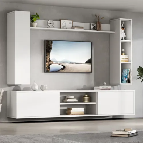 Ensemble Meuble TV 180x35x123,5 Cm, 4 Éléments Rangement, 5 Niches, Panneau De Particules, Blanc