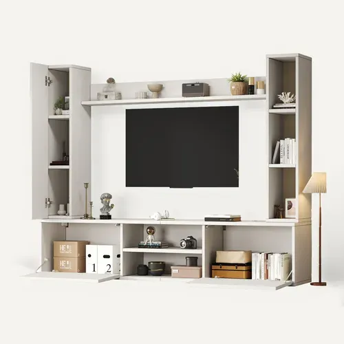 Ensemble Meuble TV 180x35x123,5 Cm, 4 Éléments Rangement, 5 Niches, Panneau De Particules, Blanc