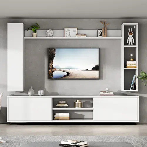 Ensemble Meuble TV 180x35x123,5 Cm, 4 Éléments Rangement, 5 Niches, Panneau De Particules, Blanc
