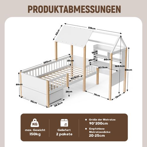 Lit Cabane Enfant 90x200 Cm, Design En L Avec Bureau Et Tiroirs Sur Roulettes, Bois Et Mdf, Blanc