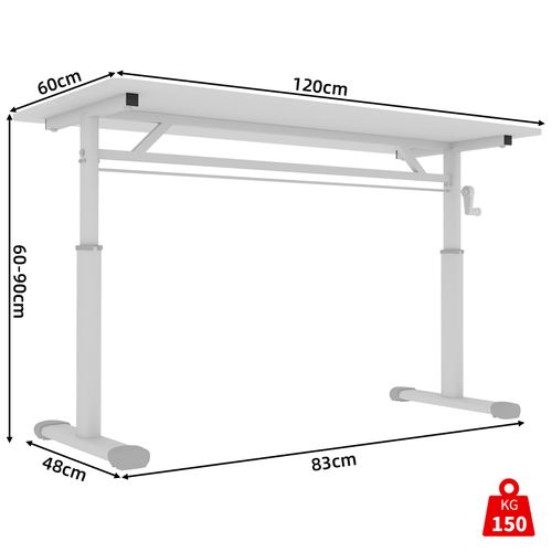 Bureau Réglable 120x60x60-90 Cm, Manivelle De Réglage, Métal Et Bois, Couleur Blanche