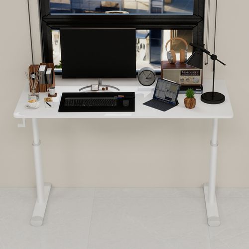 Bureau Réglable 120x60x60-90 Cm, Manivelle De Réglage, Métal Et Bois, Couleur Blanche