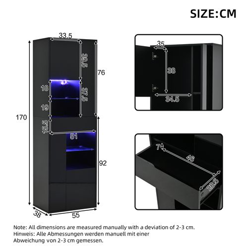 Buffet Haut 55x38x170 Cm, LED, 4 Portes +1 Tiroir + 2 Étagères, Pb, Verre Trempé, Noir