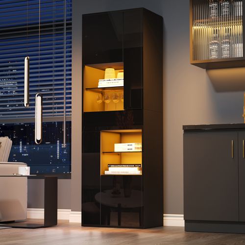 Buffet Haut 55x38x170 Cm, LED, 4 Portes +1 Tiroir + 2 Étagères, Pb, Verre Trempé, Noir