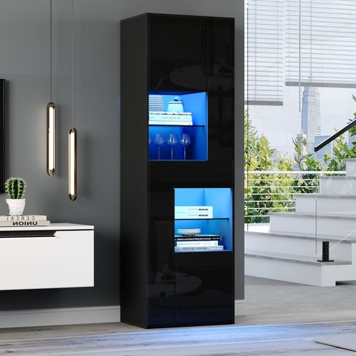 Buffet Haut 55x38x170 Cm, LED, 4 Portes +1 Tiroir + 2 Étagères, Pb, Verre Trempé, Noir