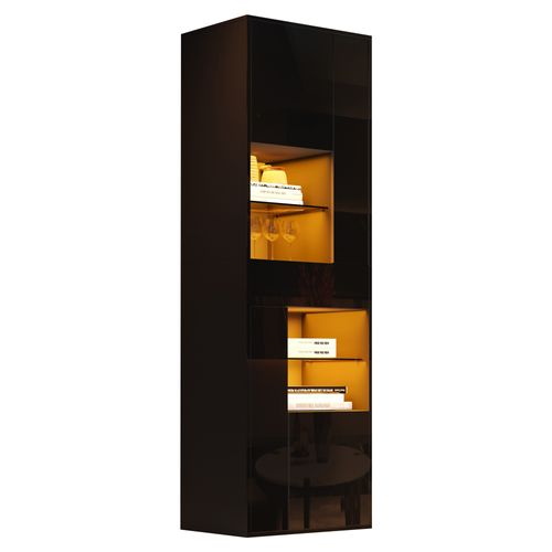 Buffet Haut 55x38x170 Cm, LED, 4 Portes +1 Tiroir + 2 Étagères, Pb, Verre Trempé, Noir