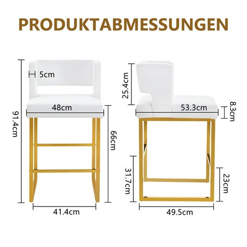 Lot De 2  Tabouret De Bar 53x48x91 Cm, Chaise Haute, Pieds En Métal Doré, Pu Blanc