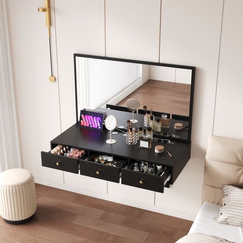 Coiffeuse Suspendue 100x45x105 Cm, Miroir Et 3 Tiroirs Avec Prises ...