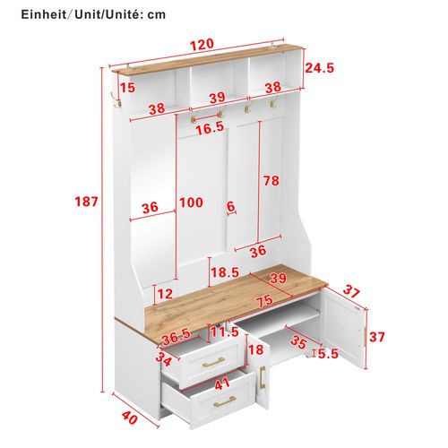 Vestiaire 120x40x187cm Avec Éclairage LED, Miroir Et Patères, 2 Tiroirs, Mdf, Couleur Bois Et Blanc