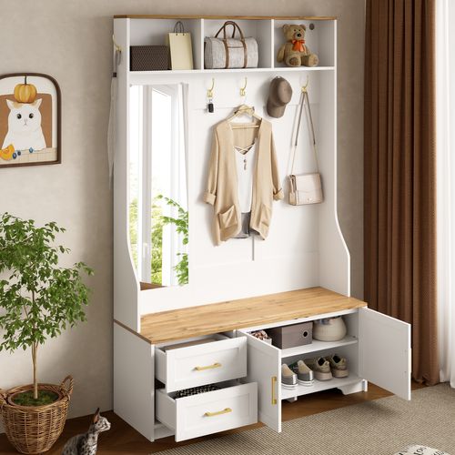 Vestiaire 120x40x187cm Avec Éclairage LED, Miroir Et Patères, 2 Tiroirs, Mdf, Couleur Bois Et Blanc