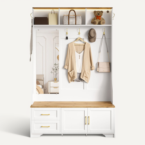 Vestiaire 120x40x187cm Avec Éclairage LED, Miroir Et Patères, 2 Tiroirs, Mdf, Couleur Bois Et Blanc
