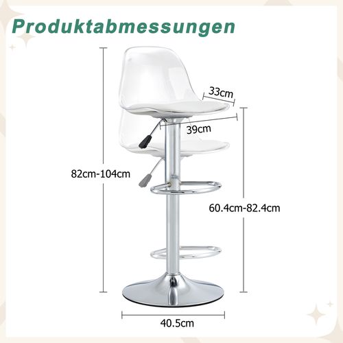 Tabouret De Bar 82/104x39x33 Cm, Assise Haute, Réglable En Hauteur, Pivotant à 360°, Blanc