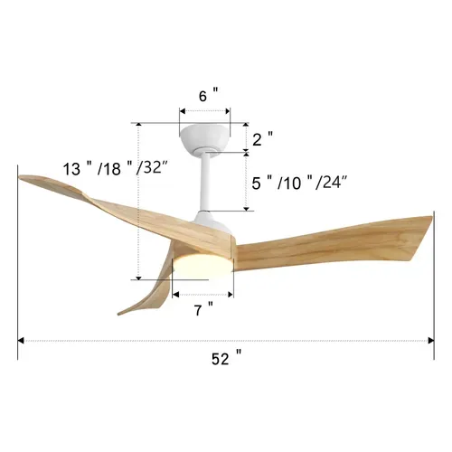 Ventilateur De Plafond 132 Cm, Dc Silencieux 6 Vitesses, LED 18w 3 Couleurs, Métal, Bois, Blanc