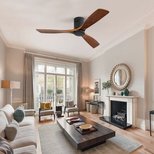 Ventilateur De Plafond 132cm, Moteur Dc Silencieux Réversible Avec Minuterie, Métal, Bois, Noir+brun