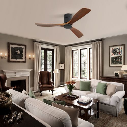 Ventilateur De Plafond 132cm, Moteur Dc Silencieux Réversible Avec Minuterie, Métal, Bois, Noir+brun