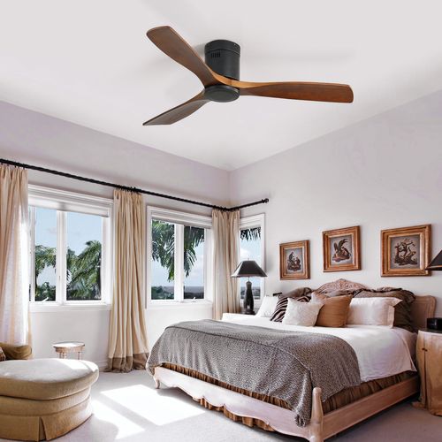 Ventilateur De Plafond 132cm, Moteur Dc Silencieux Réversible Avec Minuterie, Métal, Bois, Noir+brun