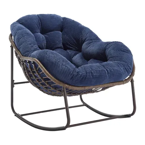 Fauteuil à Bascule En Rotin 111x94.5x80 Cm, Grand Modèle, Cadre En Acier, Coussin Bleu Marine