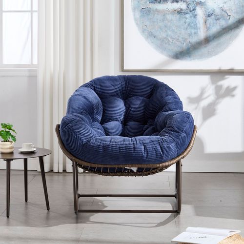 Fauteuil à Bascule En Rotin 111x94.5x80 Cm, Grand Modèle, Cadre En Acier, Coussin Bleu Marine