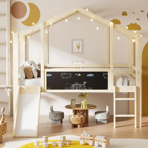 Lit Mi-haut Enfant 90x200 Cm Avec Échelle, Toboggan, Tableau Blanc, Lit Cabane, Bois, Naturel