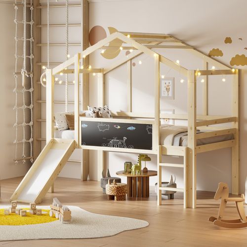 Lit Mi-haut Enfant 90x200 Cm Avec Échelle, Toboggan, Tableau Blanc, Lit Cabane, Bois, Naturel