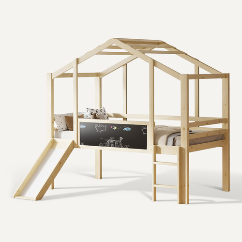 Lit Mi-haut Enfant 90x200 Cm Avec Échelle, Toboggan, Tableau Blanc, Lit Cabane, Bois, Naturel