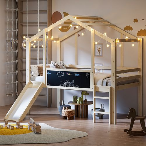 Lit Mi-haut Enfant 90x200 Cm Avec Échelle, Toboggan, Tableau Blanc, Lit Cabane, Bois, Naturel