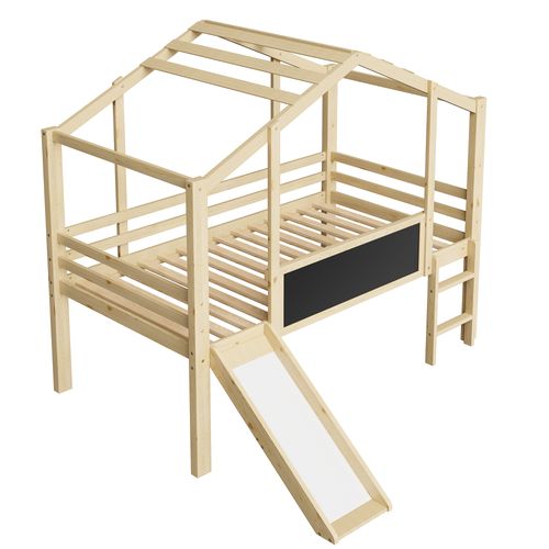 Lit Mi-haut Enfant 90x200 Cm Avec Échelle, Toboggan, Tableau Blanc, Lit Cabane, Bois, Naturel