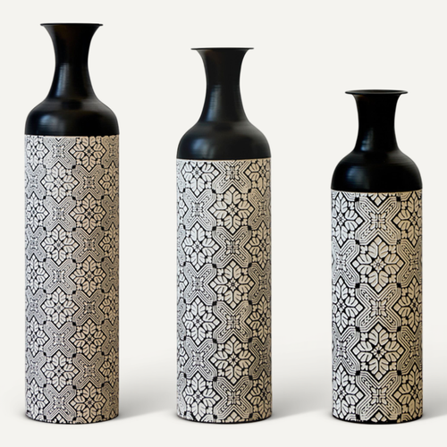 Lot De 3 Vases Sol 83.01/65.99/50.01 Cm, Design Géométrique, Métal Peint, Couleurs Noir Et Blanc