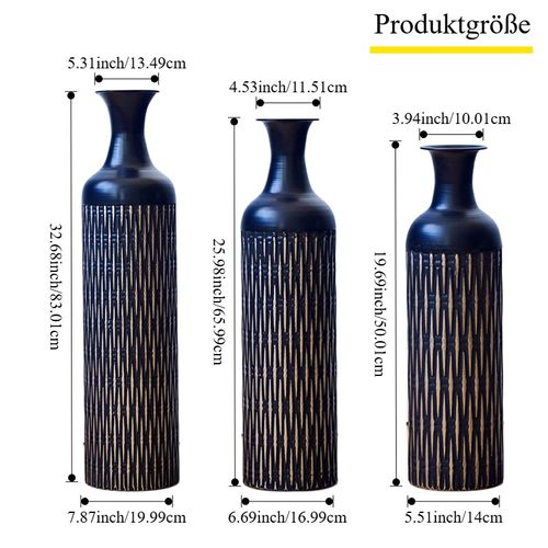 Lot De 3 Vases De Sol  83.01/65.99/50.01 Cm, Silhouette Fine Et Motif De Rainures, Métal Noir